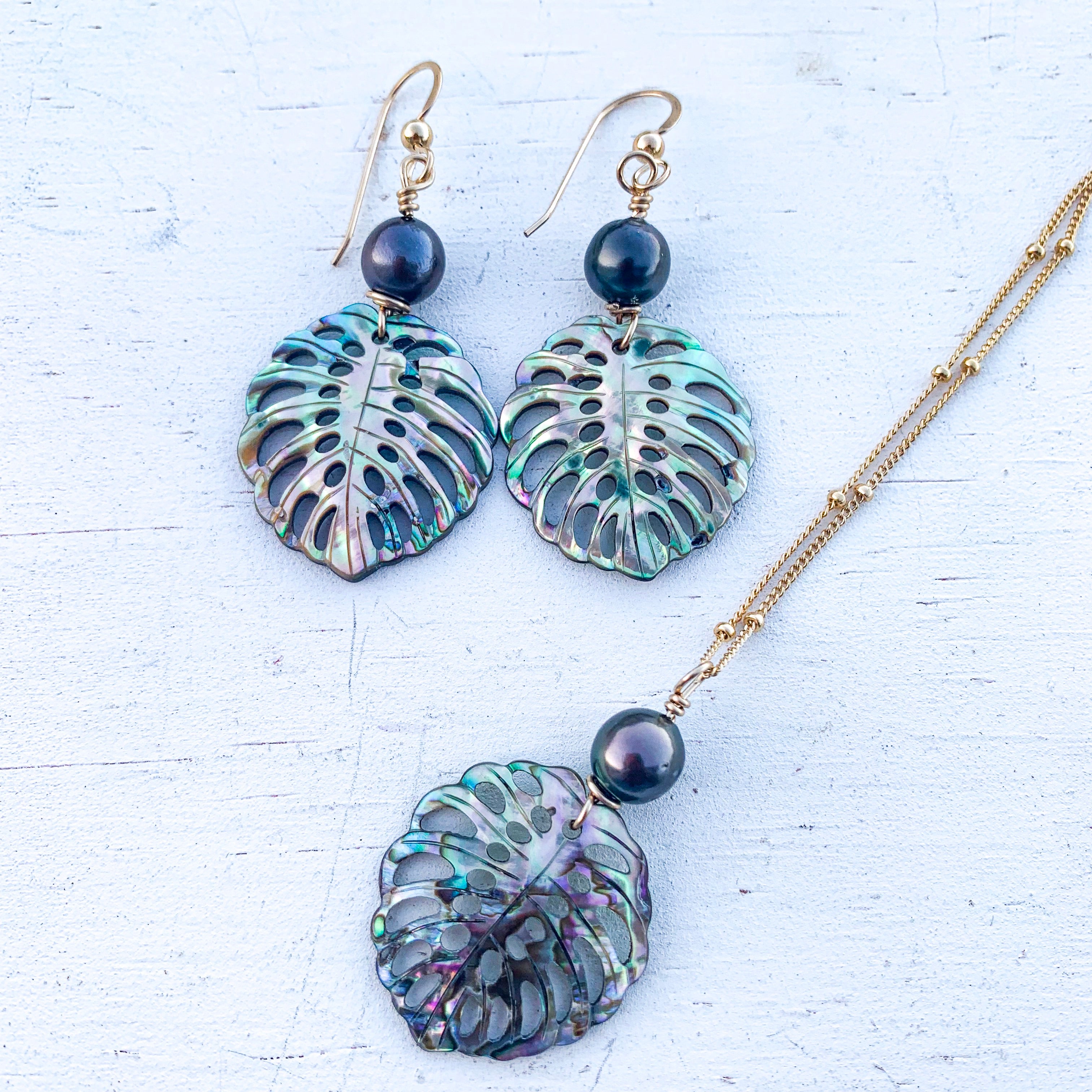 Abalone, discount Monstera Leaf, Gold Earrings